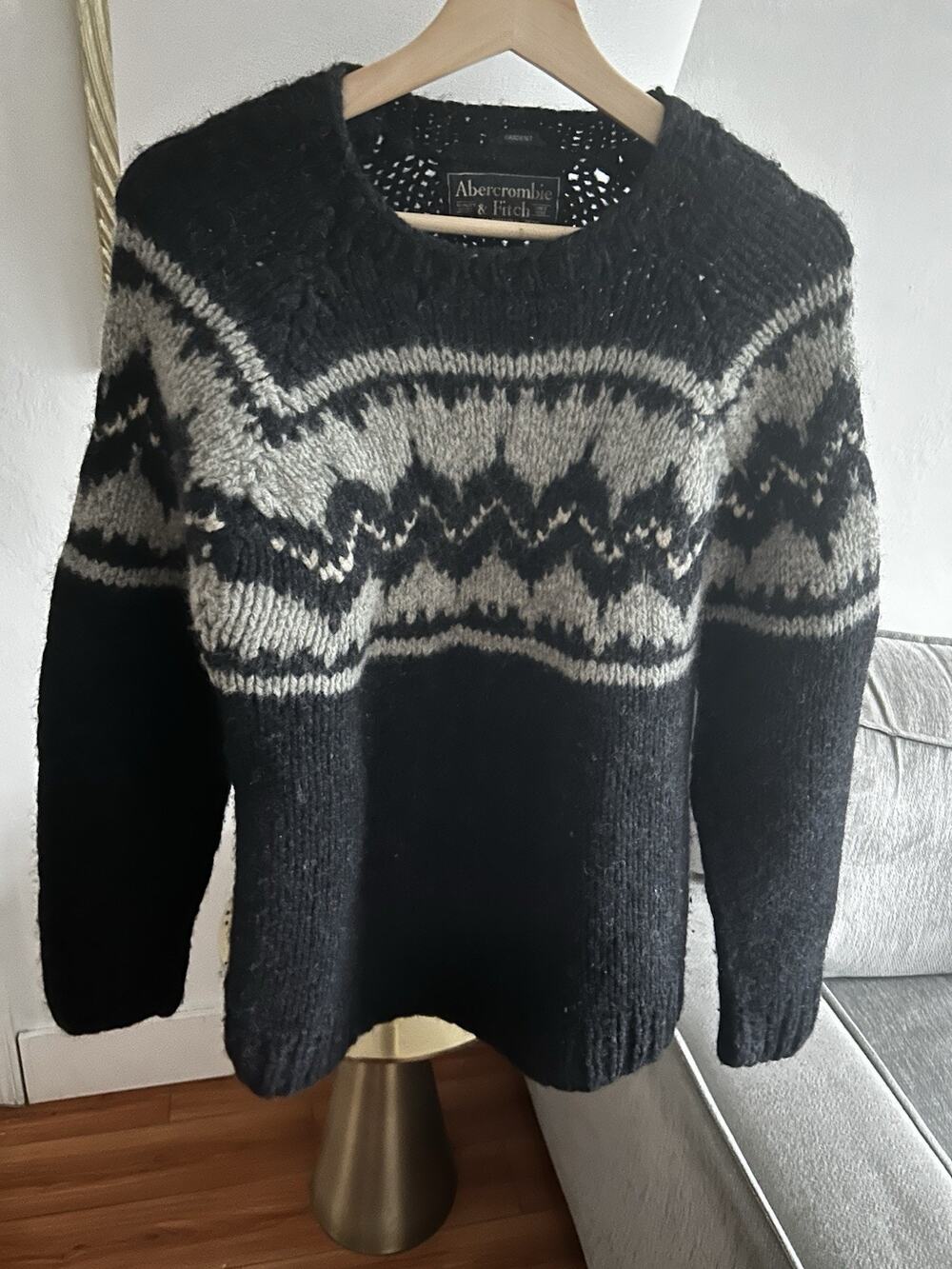 Vtg Abercrombie Hand Made Wool Nordic Sweater Grey Fair Isle Fisherman M/L